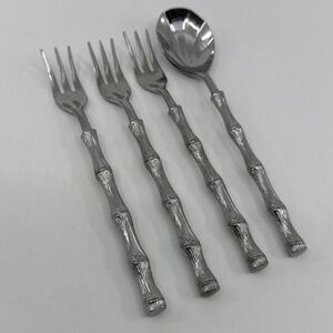 Oxford Hall JADE‎ Cocktail Forks & Spoon Bamboo Cane Stainless Flatware Set Of 4